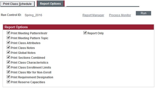 print class schedule report options