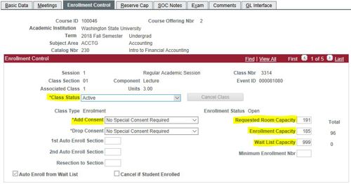 enrollment control tab