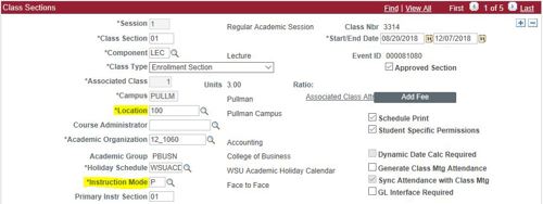 class sections location and instruction mode fields highlighted