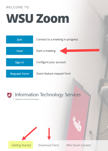 WSU Zoom dashboard with arrows