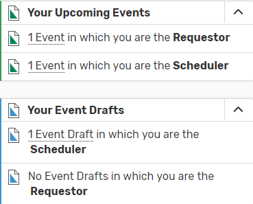list of upcoming events and event drafts in 25Live