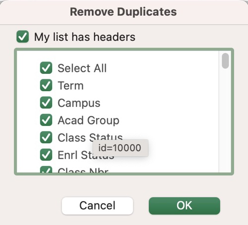 Remove duplicates example showing checkboxes