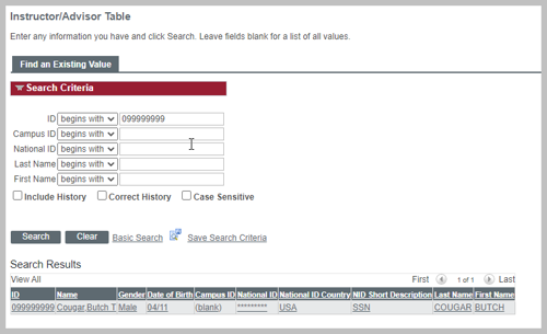 Instructor Advisor Table Search