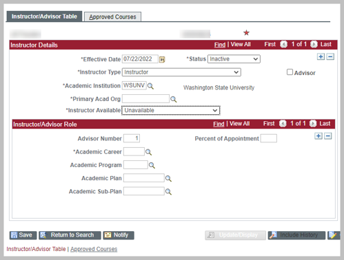 Instructor Advisor Table New Row